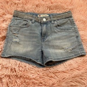 Levi’s girl denim shorty shorts with silver sparkly waist. Size 10
